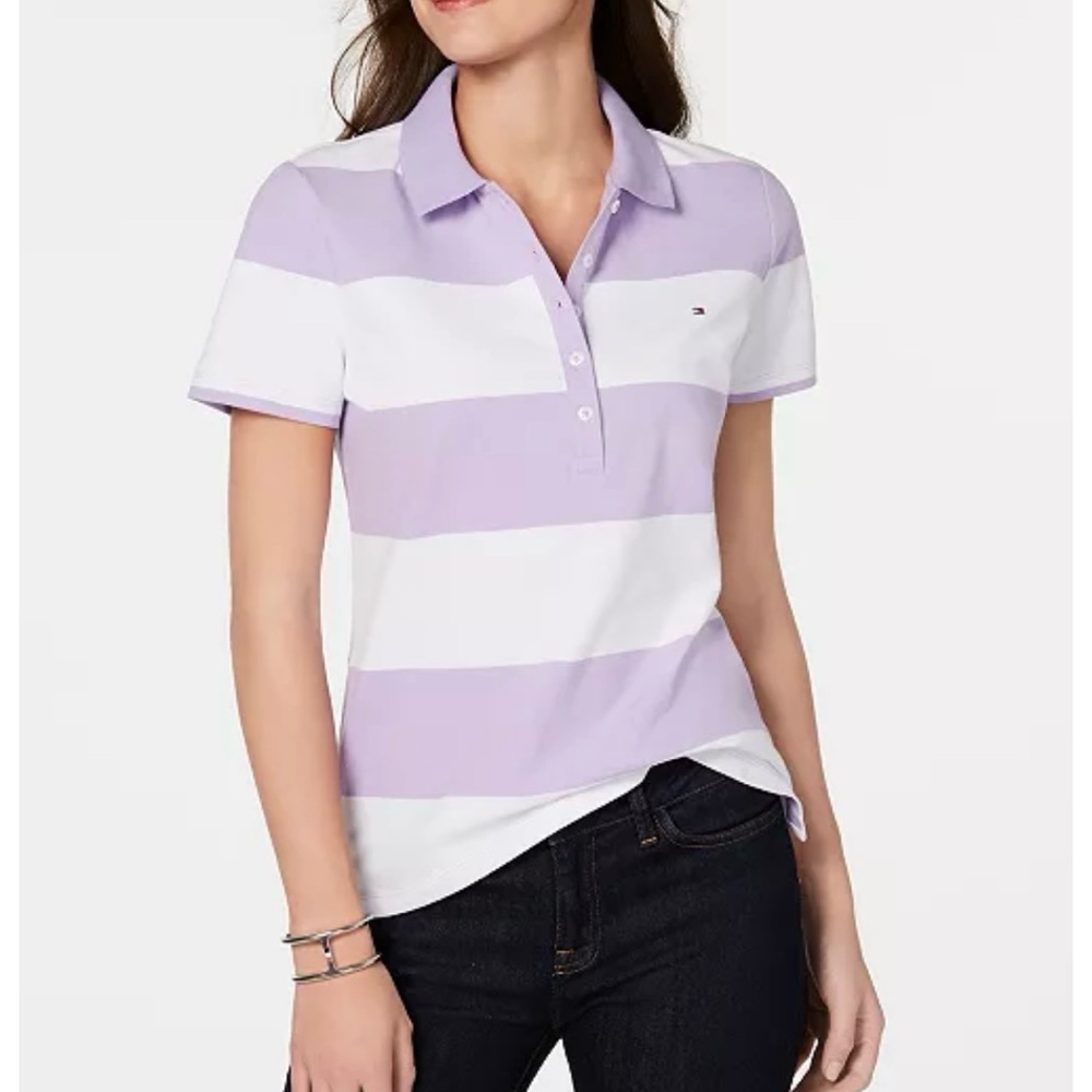Tommy Purple and White Striped Women’s Polo Size Small